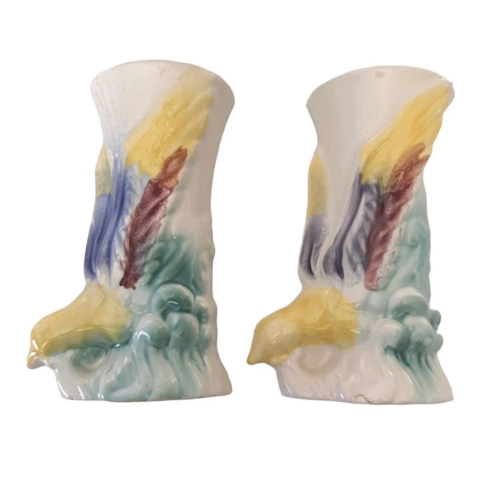 Lot Of 2 Morton Pottery Bird Of Paradise Wall Pocket Planter Vase 7.5"